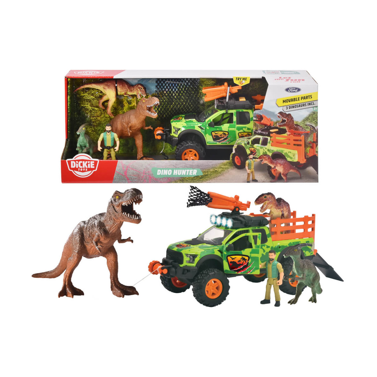 Spielset mit Dinojäger-Truck, Actionfigur und zwei Dinosauriern – präsentiert in und außerhalb der Verpackung.