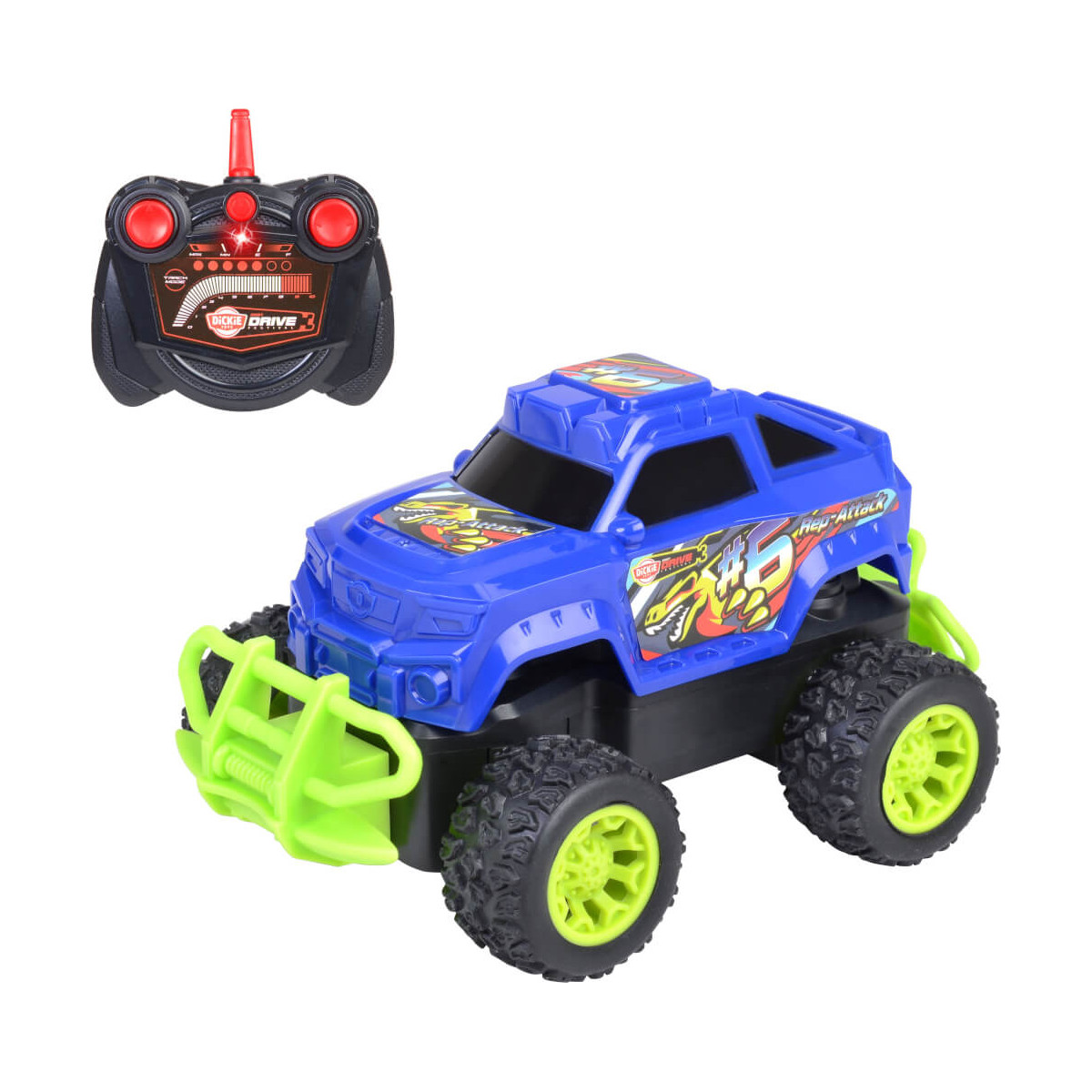 Blaugrüner Spielzeug-Monstertruck mit Fernbedienung, bunten Aufklebern und großen Rädern.