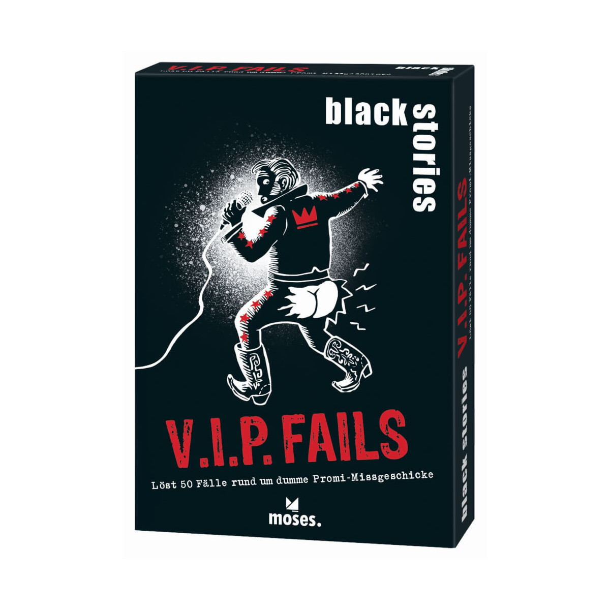 Box voller schwarzer Geschichten: V.I.P. Fails – Kartenspiel mit Zeichentrick-Promi, der auf der Bühne ausrutscht.