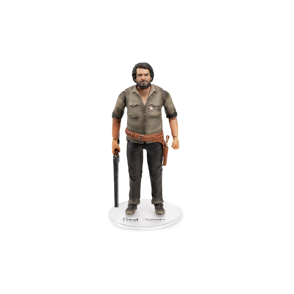 Action-Figur: bärtiger Mann in Sheriff-Uniform mit Schrotflinte auf weißem Sockel.