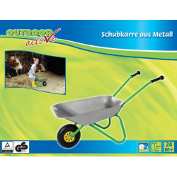 img_0:Metallschubkarre für Kinder im bunten Karton mit Foto eines Kindes bei der Nutzung, deutsch beschriftet.