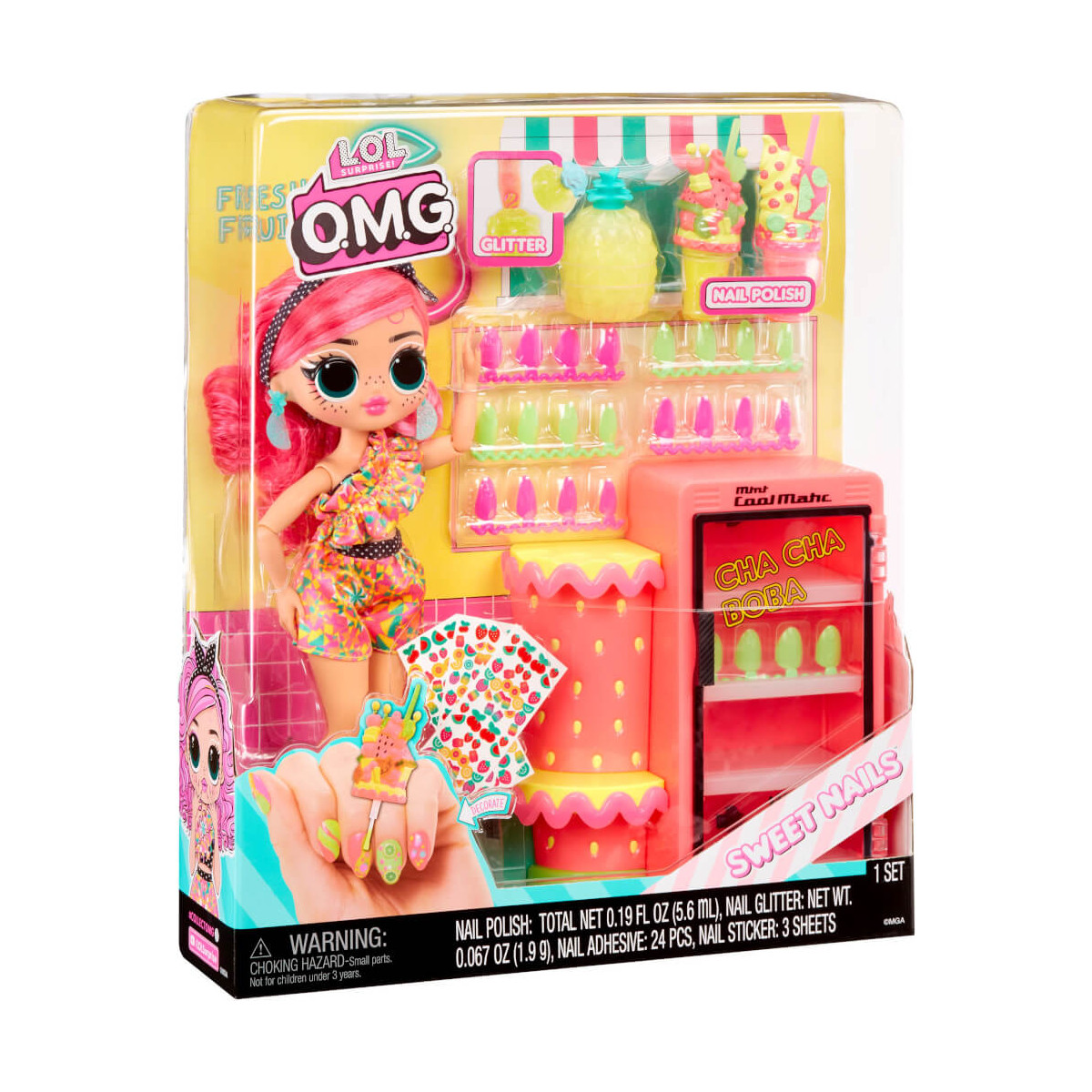 LOL OMG Puppenset: rosahaarige Puppe mit Nagellack, Glitzer und süßen Accessoires in einer Box.