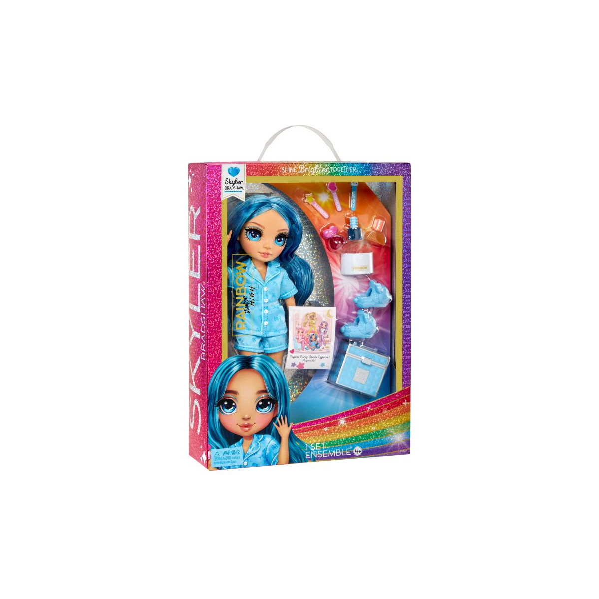 Rainbow High Skyler Puppe im Pyjama, farbige Box mit Zubehör wie Hausschuhen, Becher und Notizbuch.