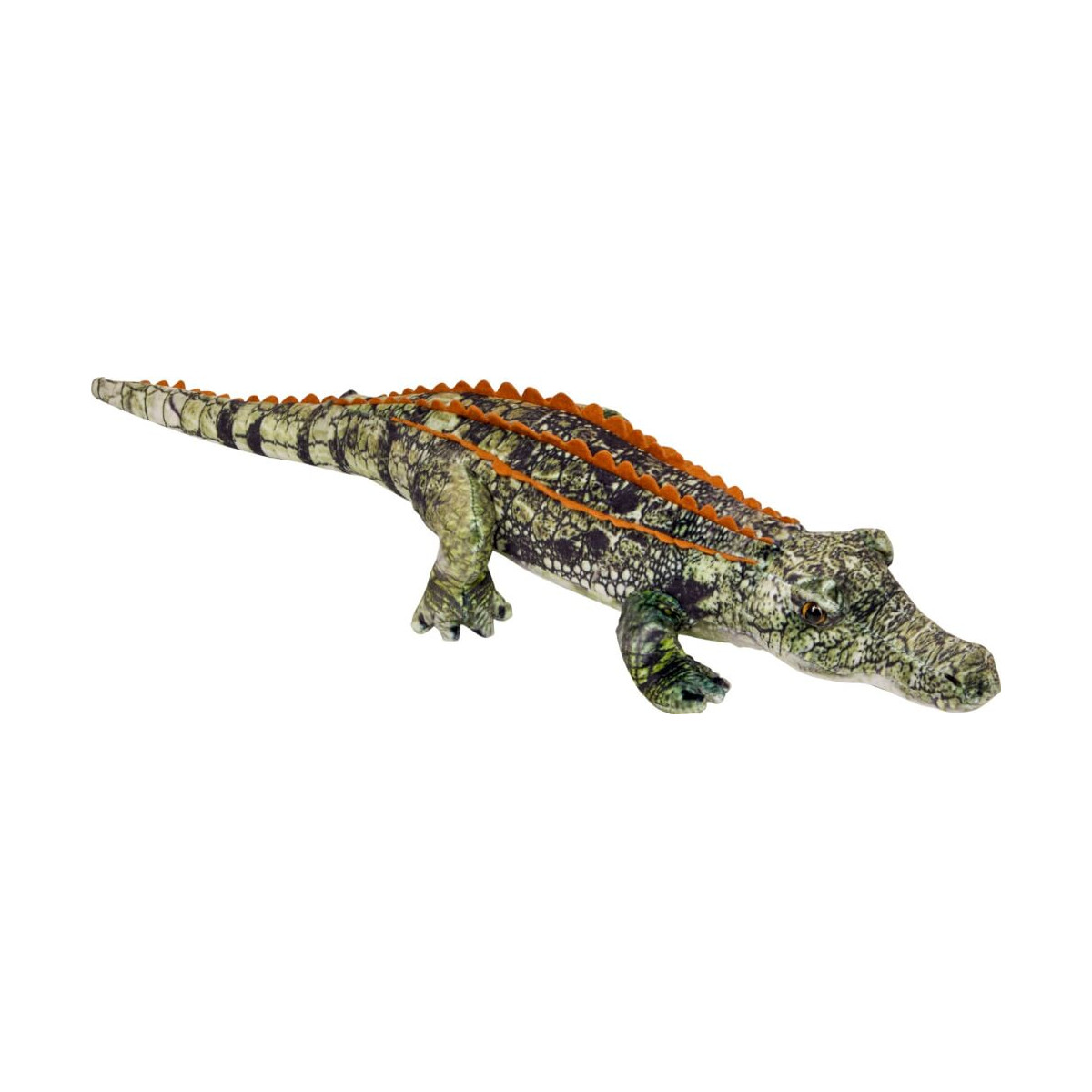 Stoff-Alligator mit grün-orangen Mustern auf dem Rücken liegt auf weißem Hintergrund.