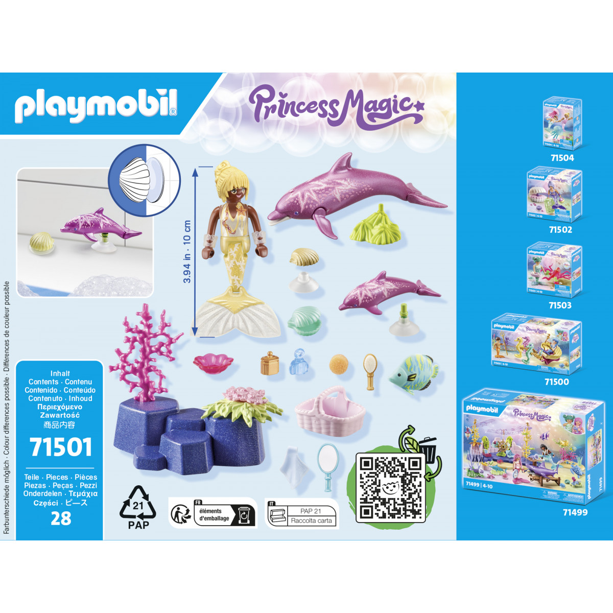 Playmobil Princess Magic Set mit Meerjungfrau, Delfinen und Meereszubehör, inklusive Verpackungsdetails.