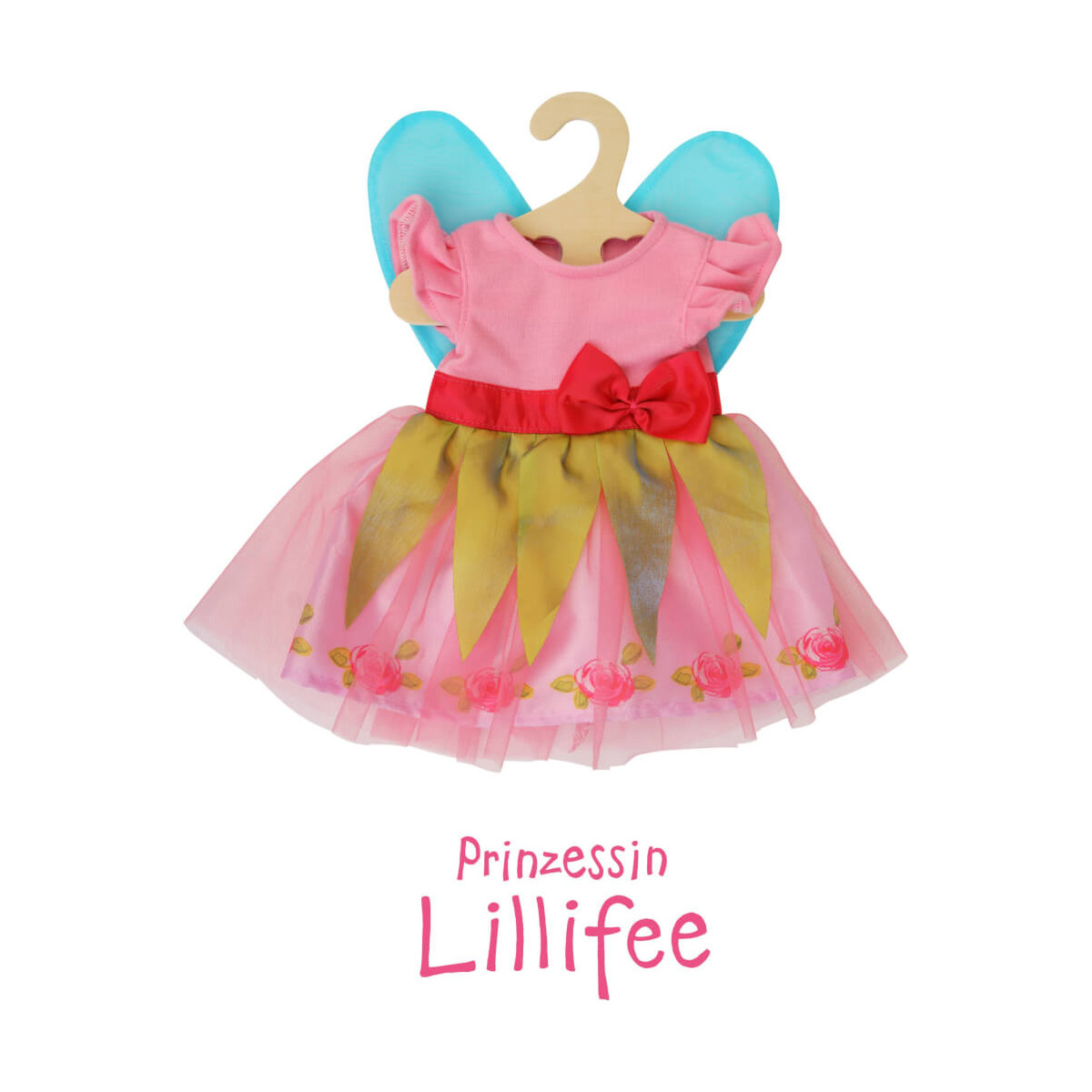 Prinzessin Lillifee-Kleid: rosa mit grünem Blätterrock, blauen Flügeln und roter Schleife auf Bügel.