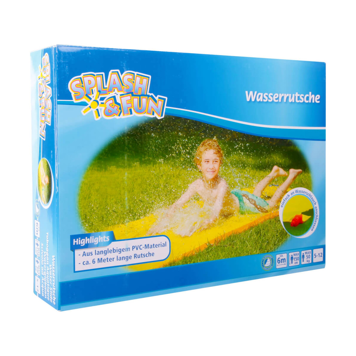Schachtel von Splash & Fun mit Kind, das auf einer gelben Wasserrutschbahn im Gras rutscht.