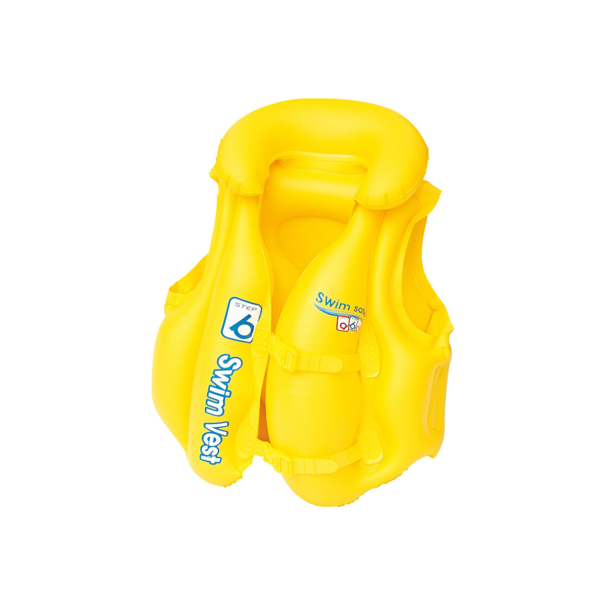 Gelbe Schwimmweste mit blauer Aufschrift und Sicherheitsverschlüssen vor weißem Hintergrund.