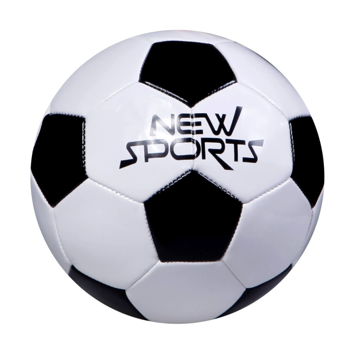 Schwarz-weißer Fußball mit der Aufschrift „NEW SPORTS“ auf weißem Hintergrund.