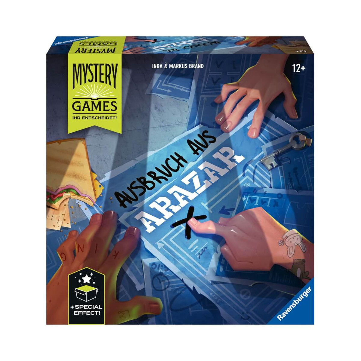 Box-Cover von Mystery Games: Ausbruch aus Azaraz mit Händen, einem Sandwich und Puzzleelementen.