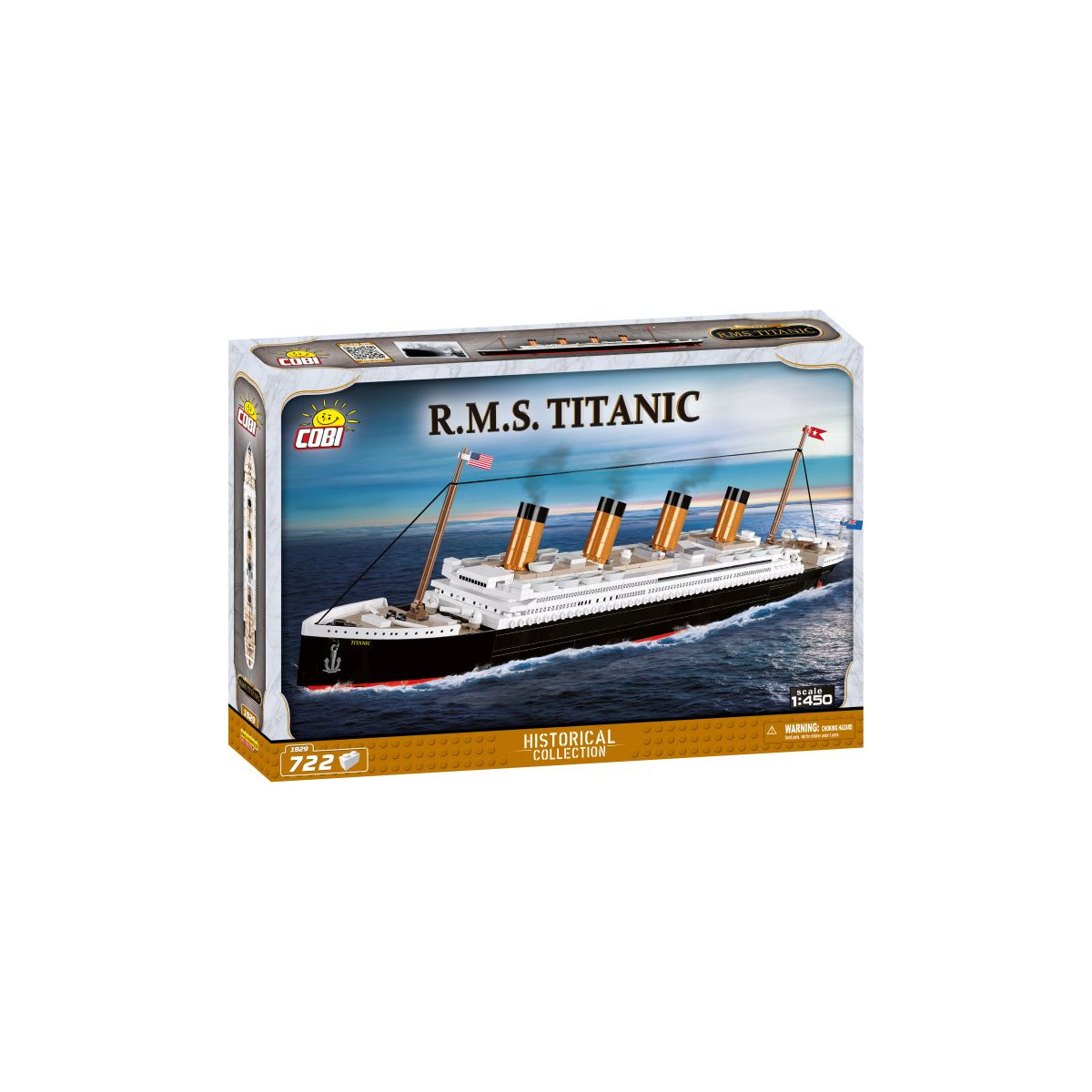 COBI Titanic-Bausatz: Verpackung zeigt das Modell der R.M.S. Titanic auf dem Ozean.