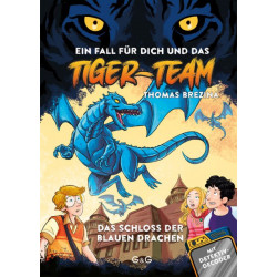 img_0:Buchcover: Ein blauer Drache, drei Kinder und der Titel „Tiger Team – Das Schloss der blauen Drachen“.