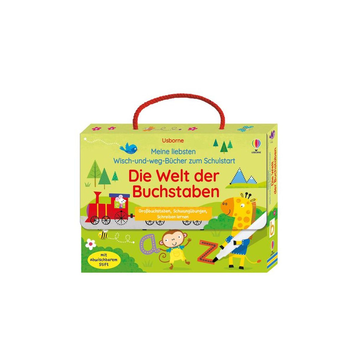 Deutsches Kinderbuch-Set „Die Welt der Buchstaben“ mit bunten Tierillustrationen und rotem Griff.