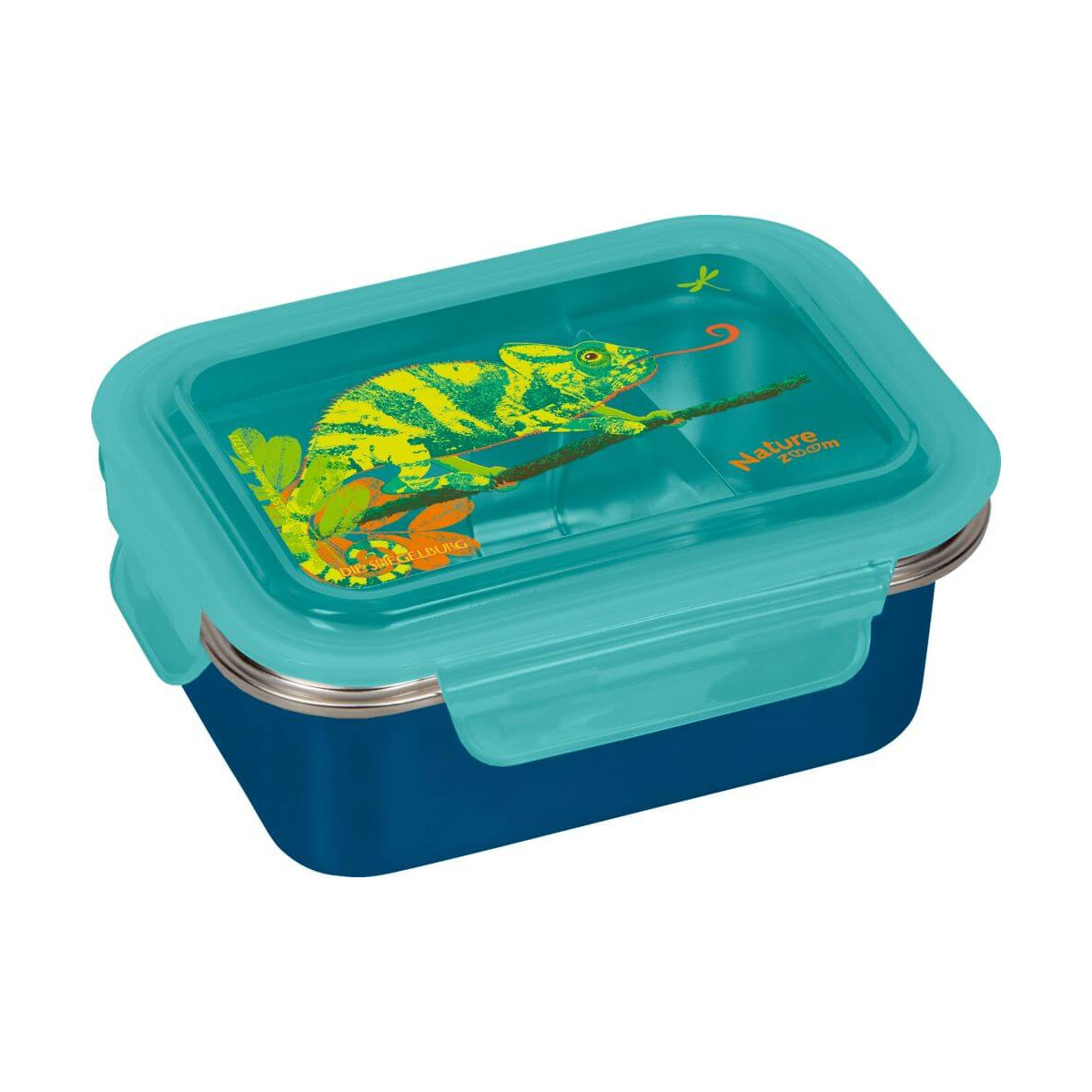 Blau-türkise Lunchbox mit Chamäleon-Illustration auf dem türkisfarbenen Deckel.