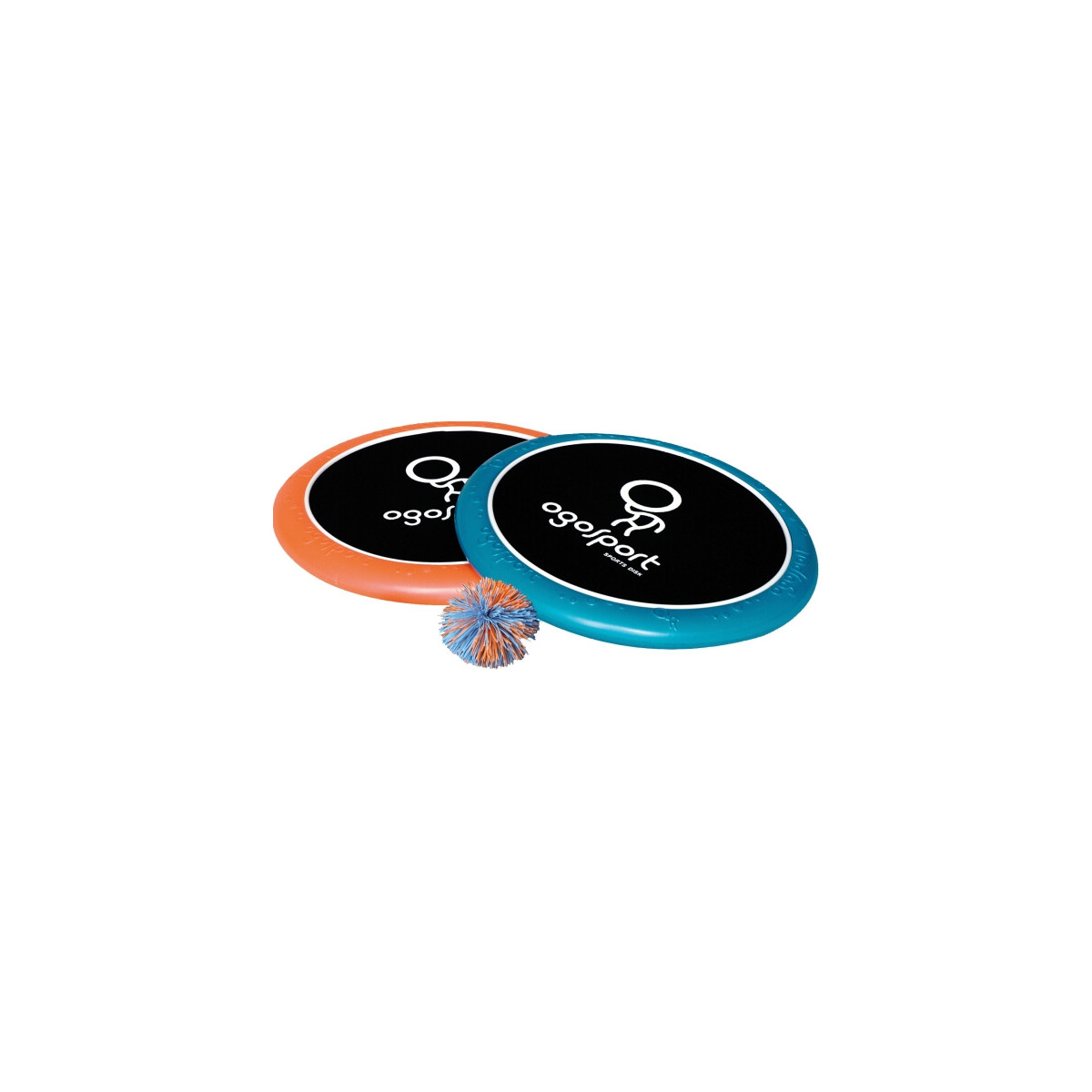 Zwei runde OgoSport-Scheiben, blau und orange, mit einem bunten Koosh-Ball davor.