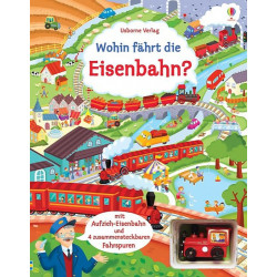 img_0:Buntes deutsches Kinderbuchcover mit Zügen, Gleisen und Schaffner. Titel: Wohin fährt die Eisenbahn?.