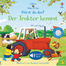 Auf dem Cover eines deutschen Soundbuchs für Kinder beobachten Tiere und Kinder einen vorbeifahrenden roten Traktor.
