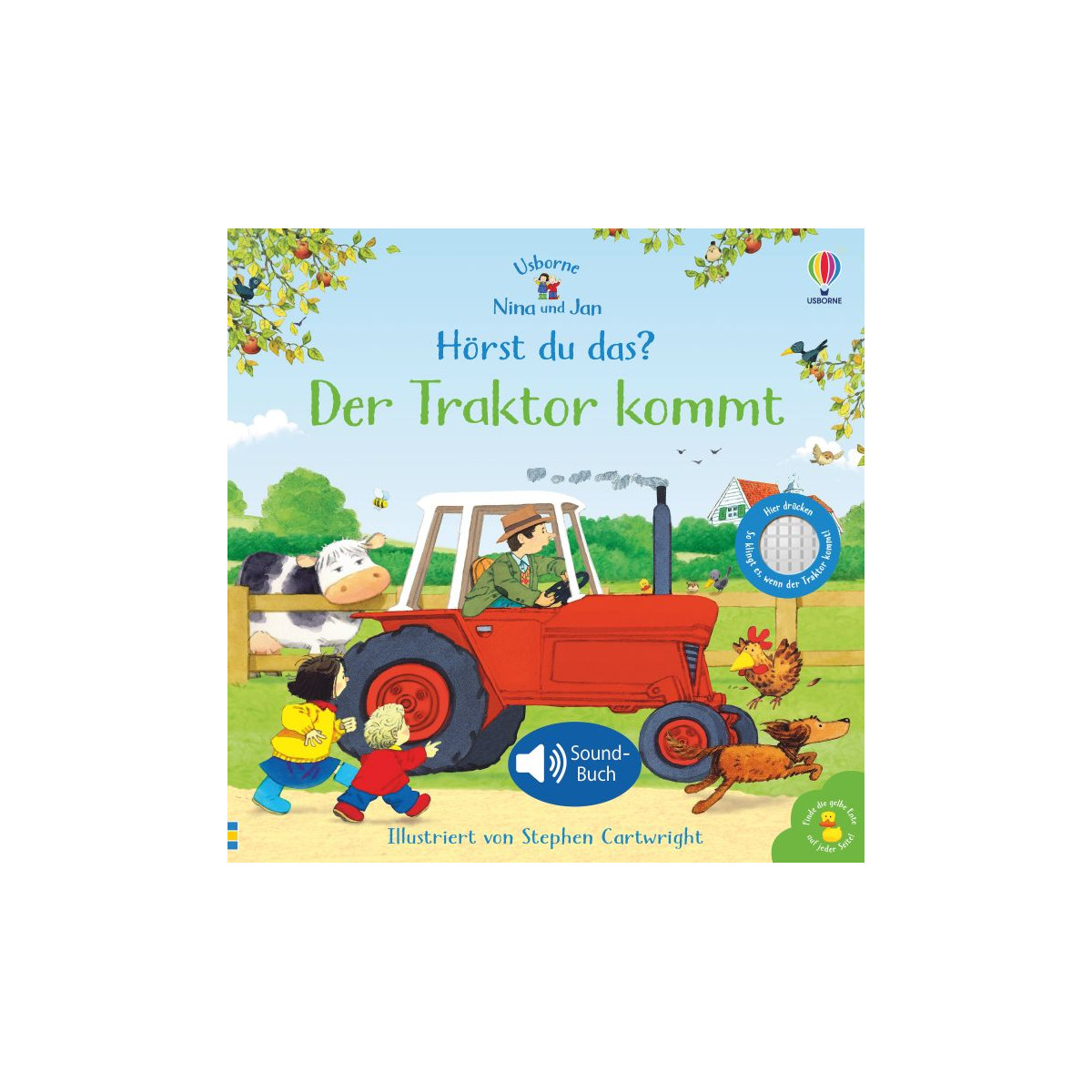 Auf dem Cover eines deutschen Soundbuchs für Kinder beobachten Tiere und Kinder einen vorbeifahrenden roten Traktor.
