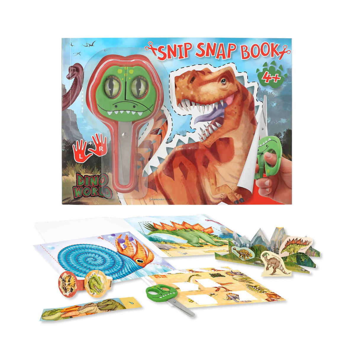 Snip Snap Book-Set mit Dino-Illustrationen, grünen Scheren, Spielsteinen und 3D-Dinofiguren.