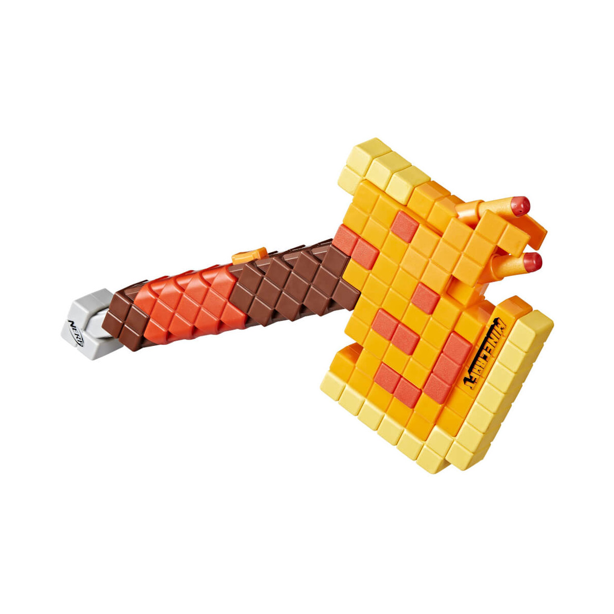 Spielzeug-Axt aus gelben, orangefarbenen und braunen Kunststoff-Bausteinen in pixelartiger Optik.