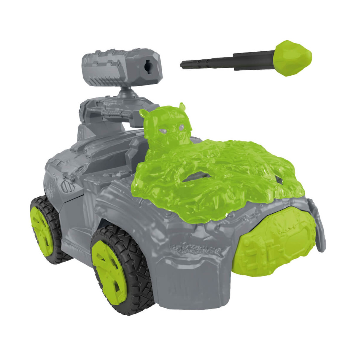 Graues und grünes Spielzeugauto mit großen Rädern, Schleim auf der Haube und abnehmbarer Rakete obendrauf.