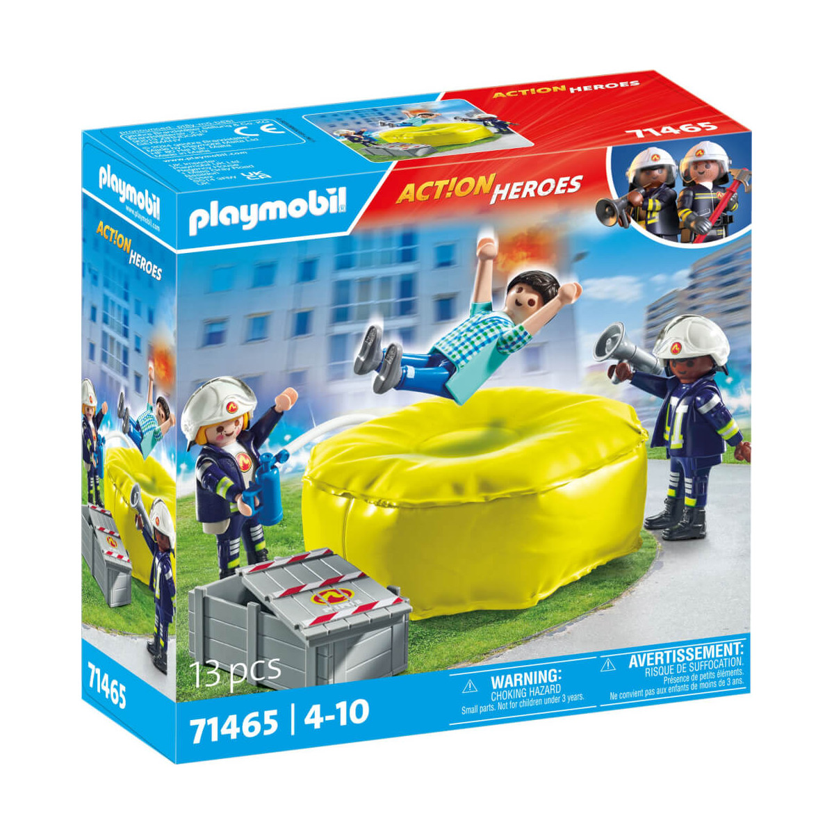 Playmobil Action Heroes Set mit Figuren, gelbem Luftkissen und Rettungszubehör in der Verpackung.