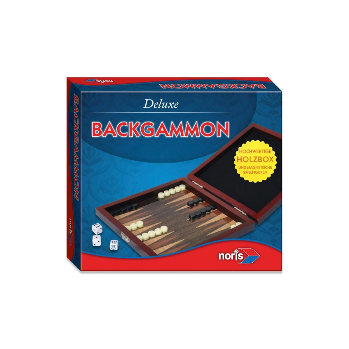 Deluxe Backgammon-Set mit offenem Holzbrett, Würfeln und Spielsteinen in der Verpackung abgebildet.