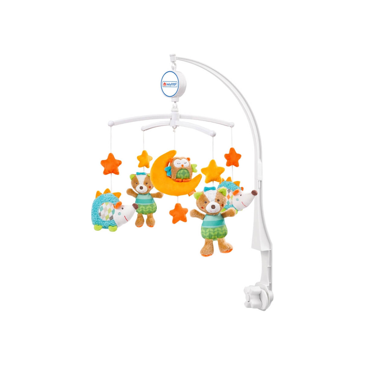 Babymobile mit Plüschtieren, Sternen und Mond an einem weißen Arm.
