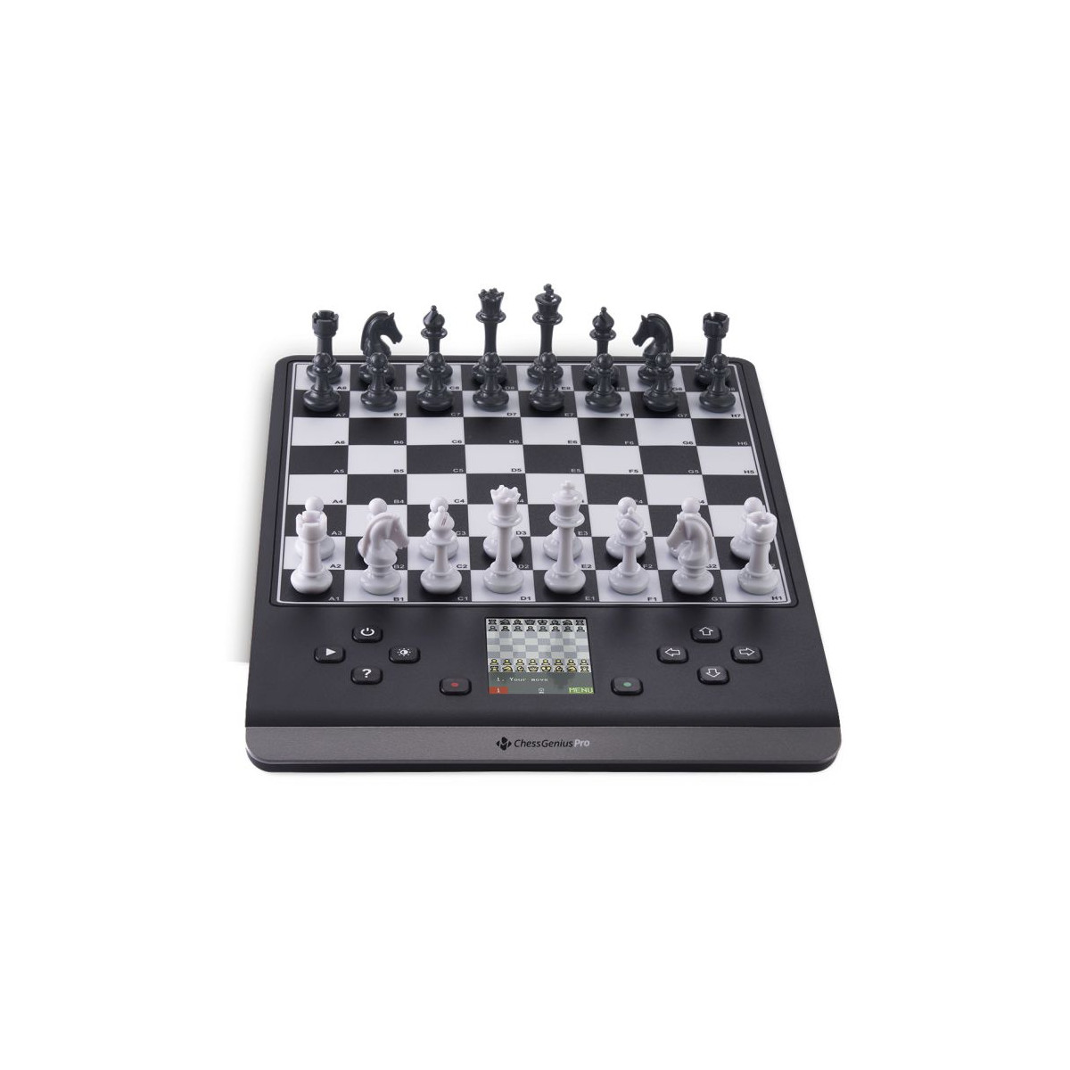 Elektronisches Schachbrett mit schwarz-weißen Figuren, Digitalanzeige und Bedienknöpfen auf der Vorderseite.