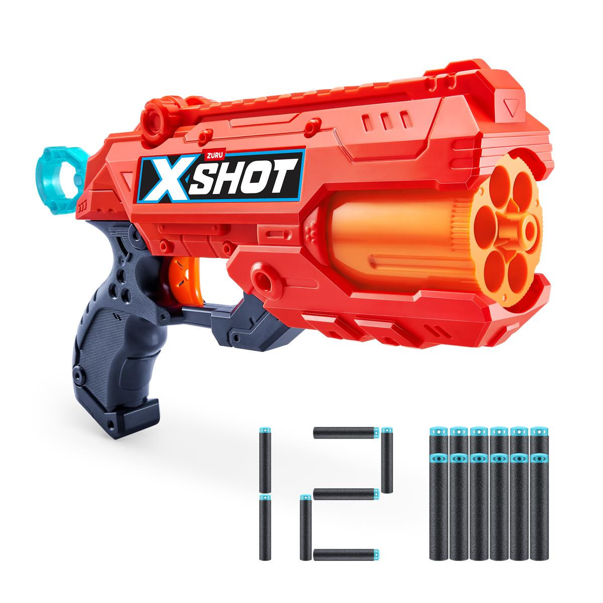 Roter X-Shot-Spielzeug-Blaster mit drehbarem Lauf und acht unten angeordneten Schaumstoffpfeilen.