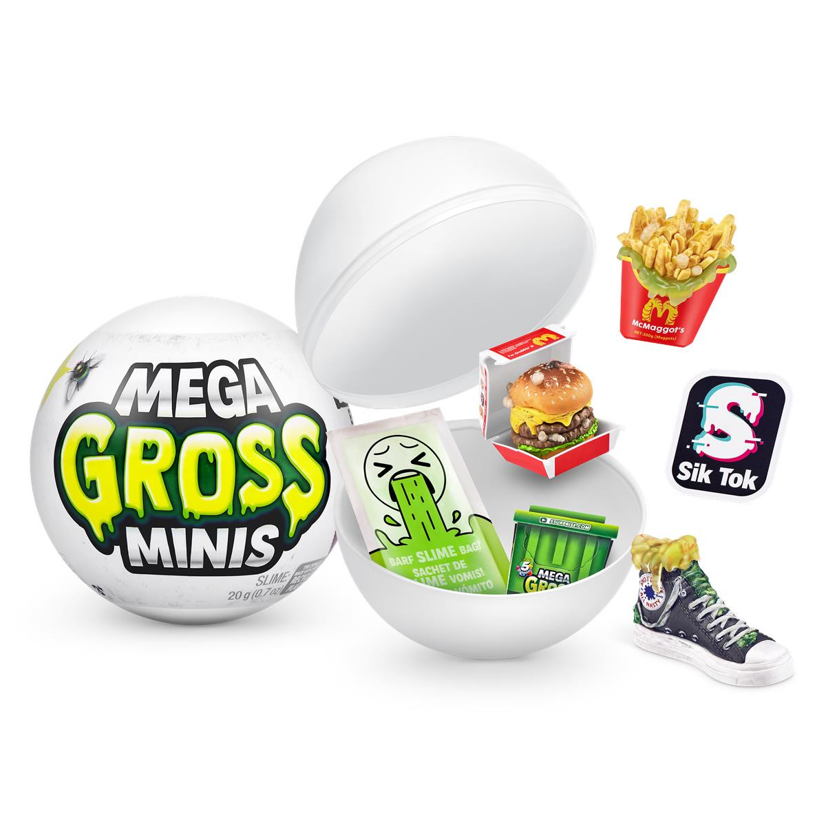Spielball „Mega Gross Minis“ enthält Spielzeug wie Pommes, Burger, Sneaker, Schleim und ein falsches TikTok-Logo.
