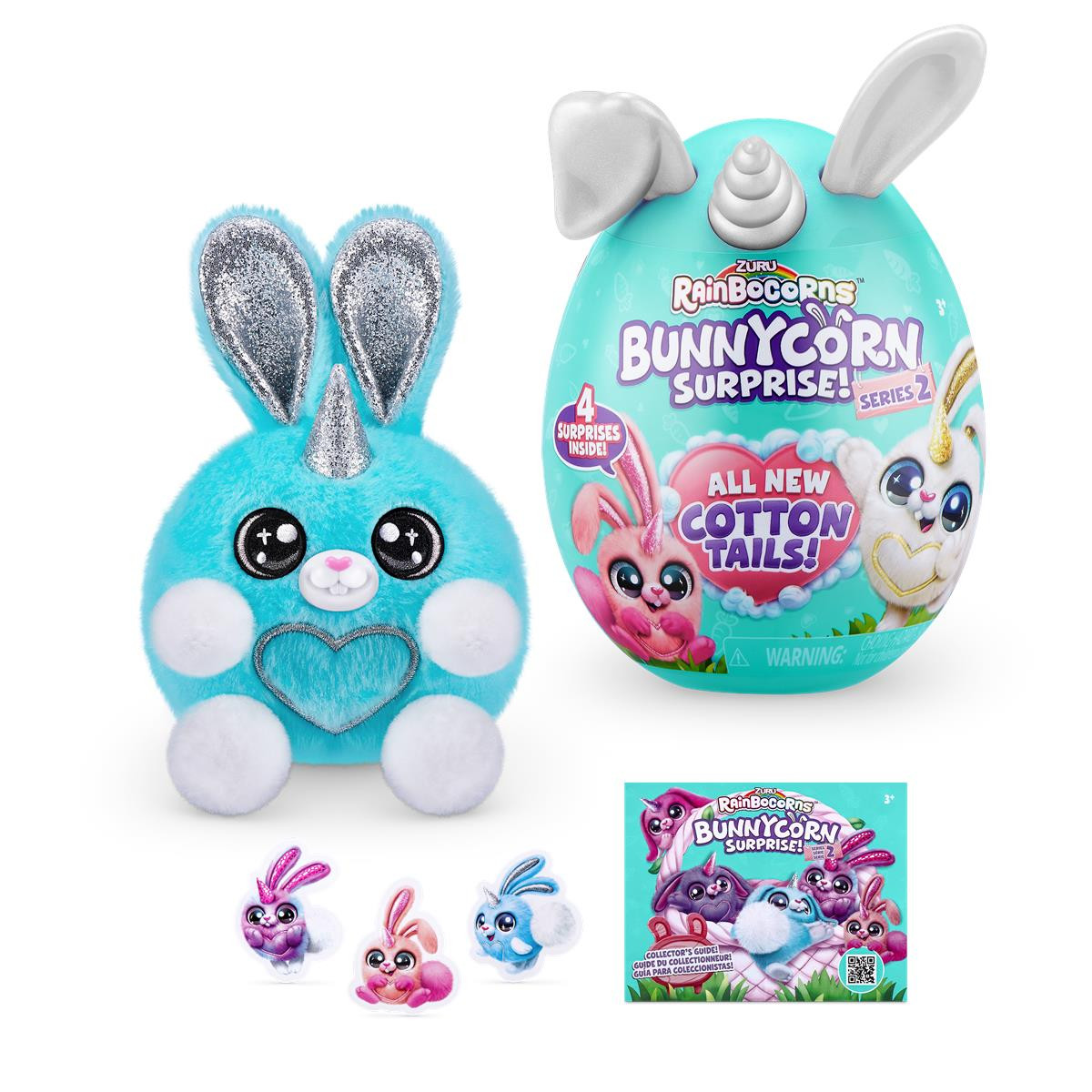 Großes, eiförmiges Paket mit Plüschhase, Stickern und kleinen Figuren von Bunnycorn Surprise.