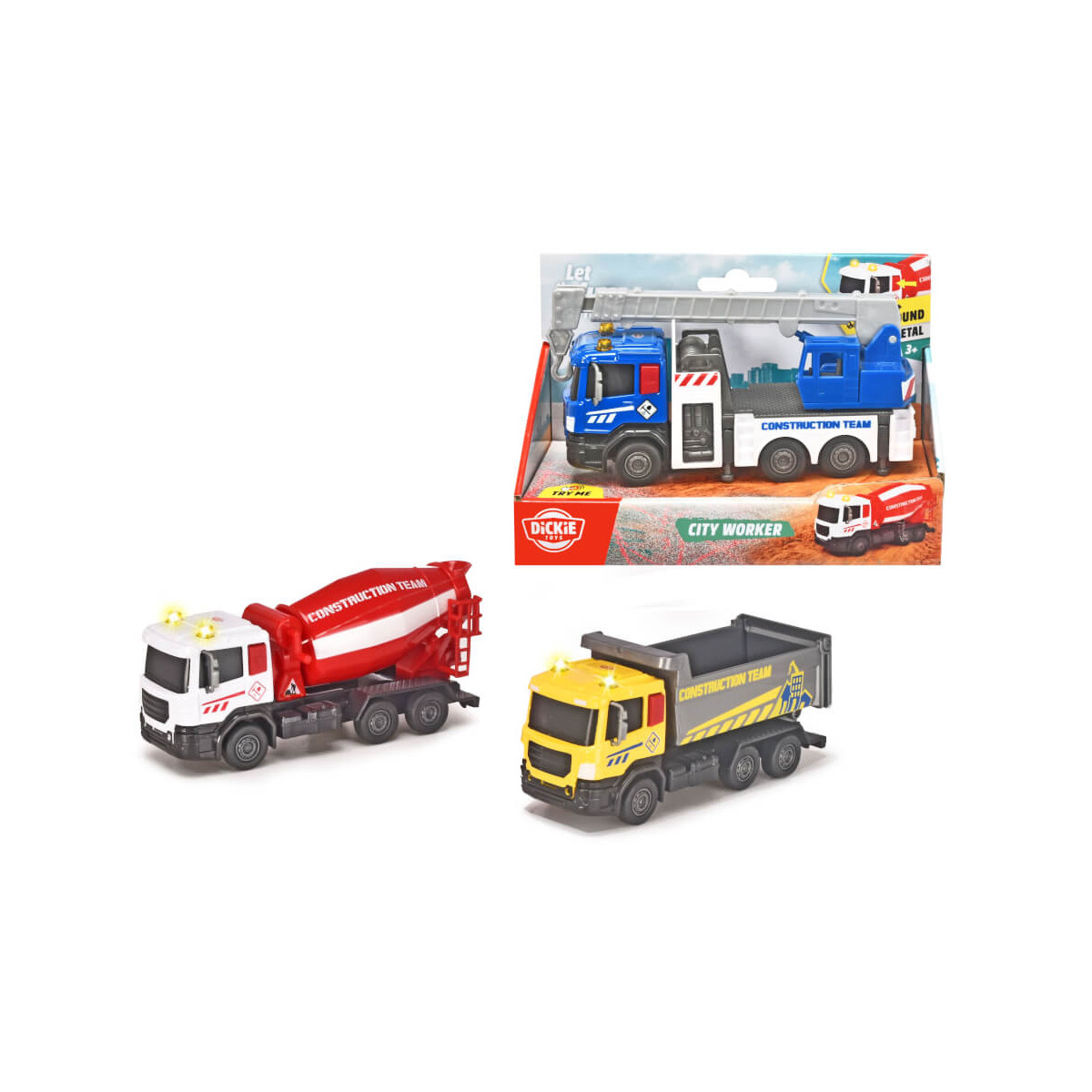 Drei Spielzeug-Baumaschinen: roter Betonmischer, gelber Kipper und blauer Container-Lkw in Verpackung.