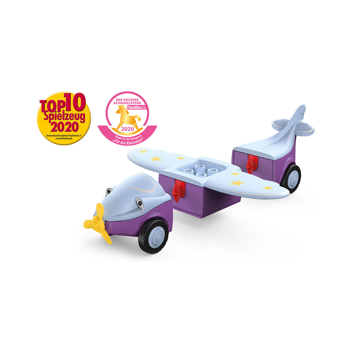 Lila-weißes Spielzeugflugzeug mit gelbem Propeller, Stern-Aufklebern und Auszeichnungen auf der linken Seite.