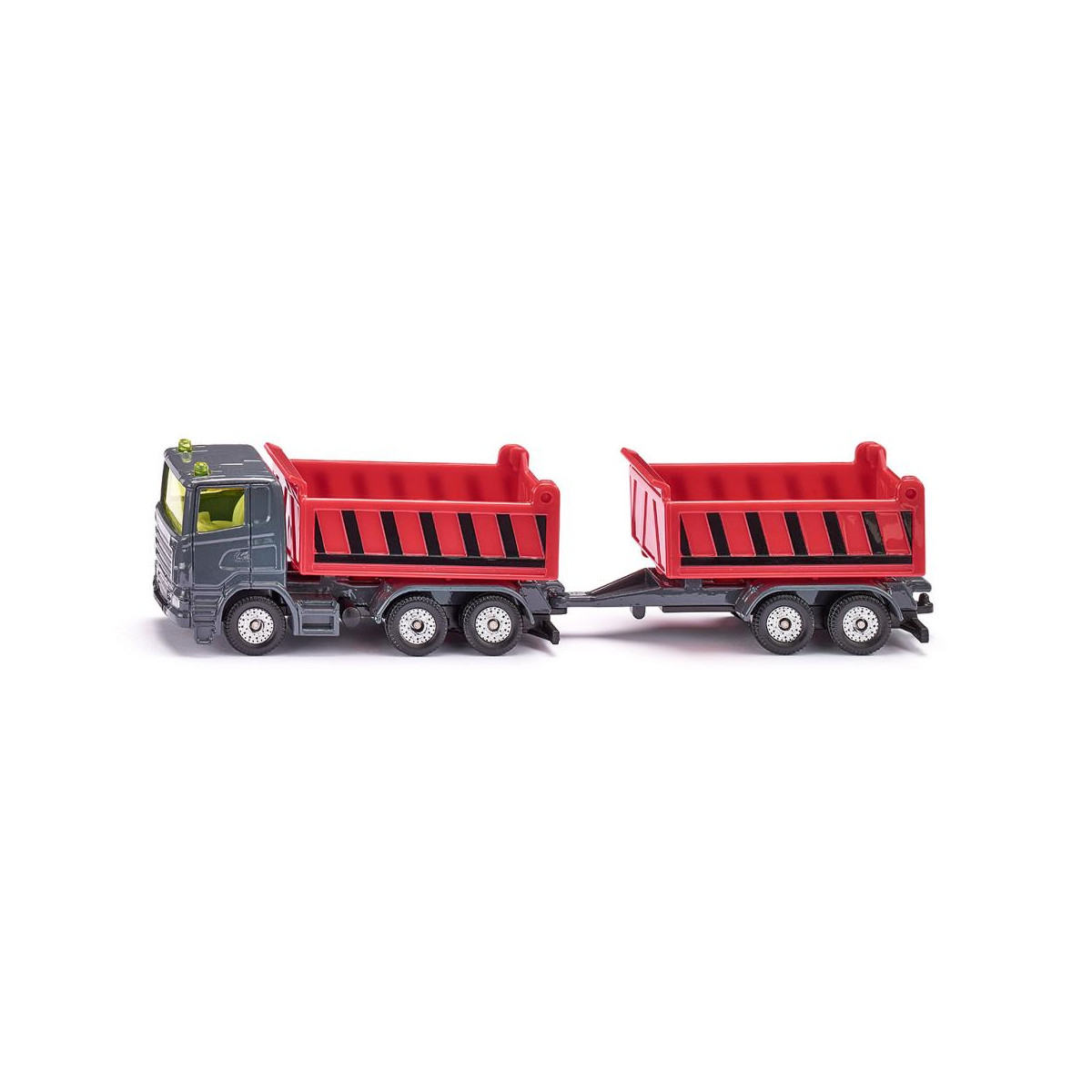 Spielzeug-Kipplaster mit grauer Fahrerkabine und zwei roten Mulden, seitlich auf weißem Hintergrund abgebildet.