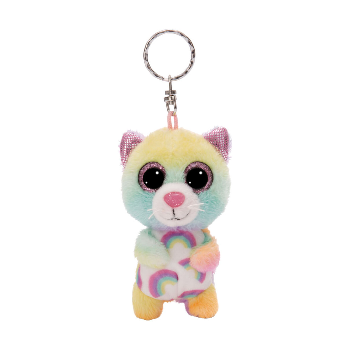 Plüschkatzen-Schlüsselanhänger mit großen Augen, pastellfarbenem Regenbogenmuster und regenbogenbunter Bauchpartie.