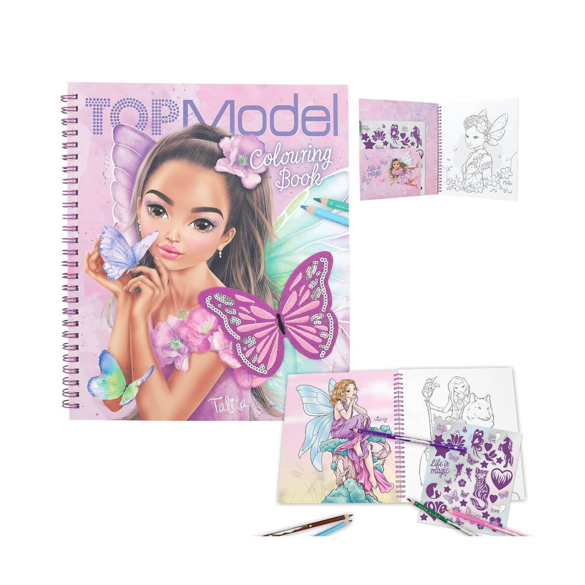 Top Model Malbuch mit Mädchen und Schmetterlingscover, enthält Feen- und Tiermotive sowie Buntstifte.