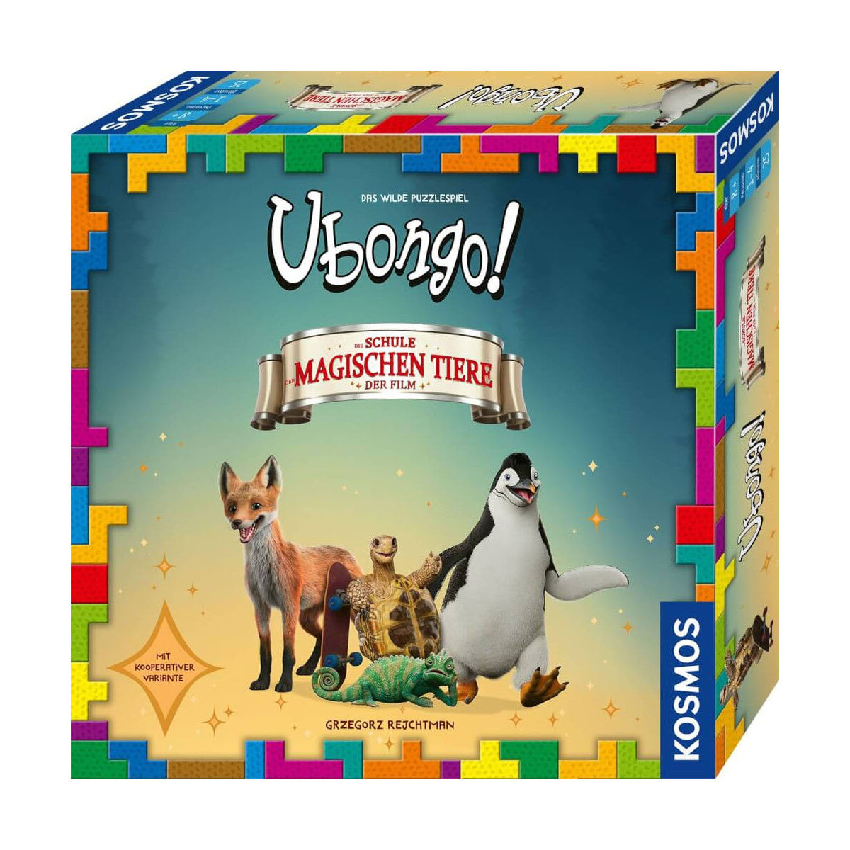 Bunte Ubongo-Spielbox mit Fuchs, Schildkröte und Pinguin auf dem Cover sowie Puzzle-Teilrahmen.
