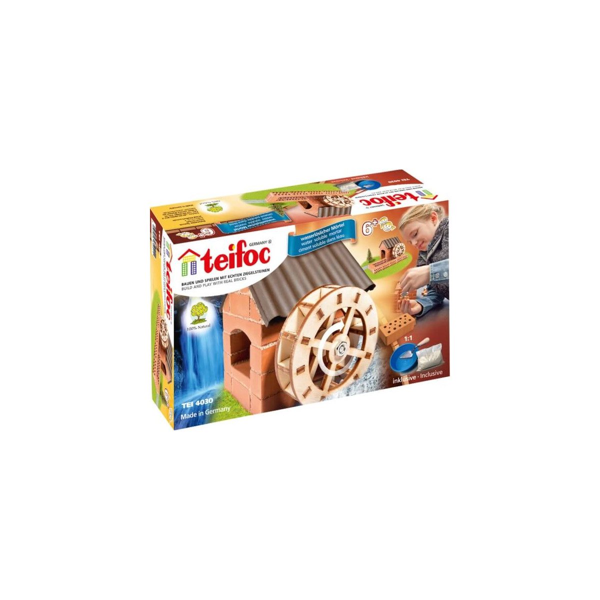 Teifoc Wassermühlen-Baukasten mit Abbildung eines Ziegelmodells und spielendem Kind auf der Verpackung.