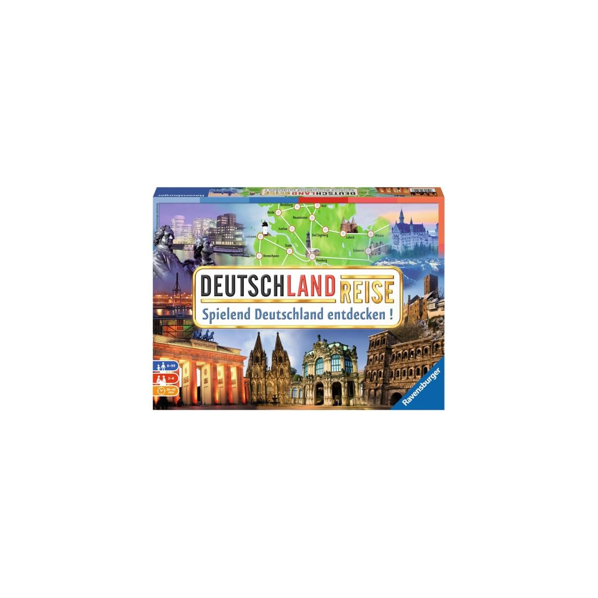 Brettspielbox „Deutschland Reise“ mit deutschen Sehenswürdigkeiten und einer Reisekarten-Route auf dem Cover.