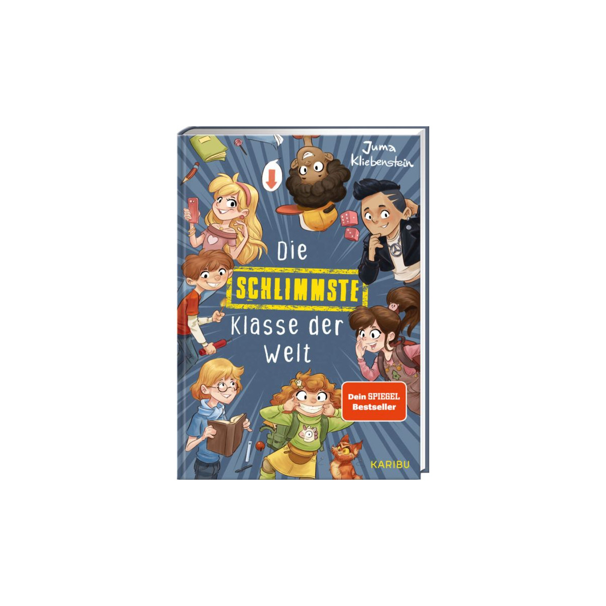 Illustriertes Buchcover von „Die schlimmste Klasse der Welt“ mit gezeichneten Kindern und Biber in einem Klassenzimmer.