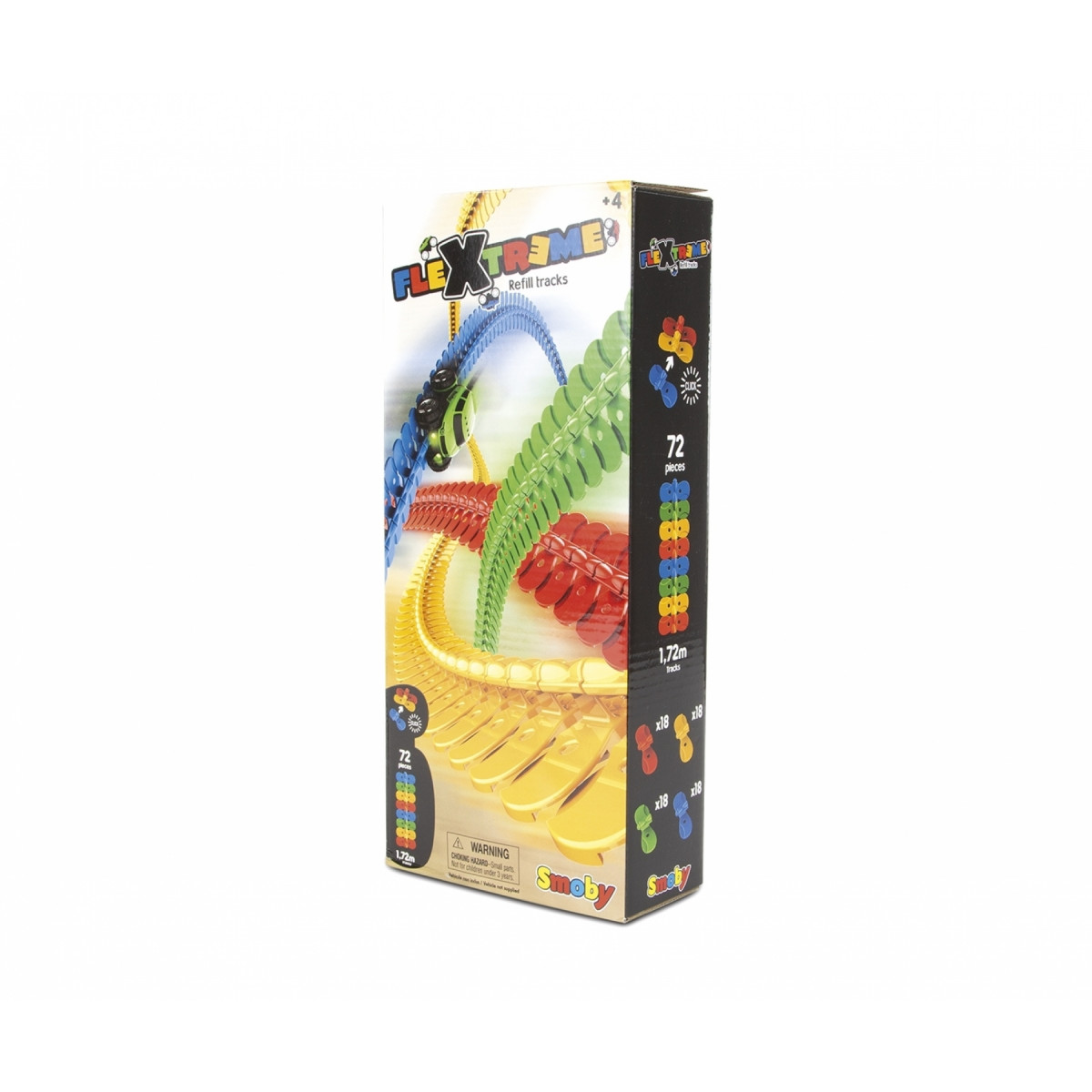 Flex Xtreme Set: Bunte flexible Rennbahn mit Autos, abgebildet auf der Verpackung.