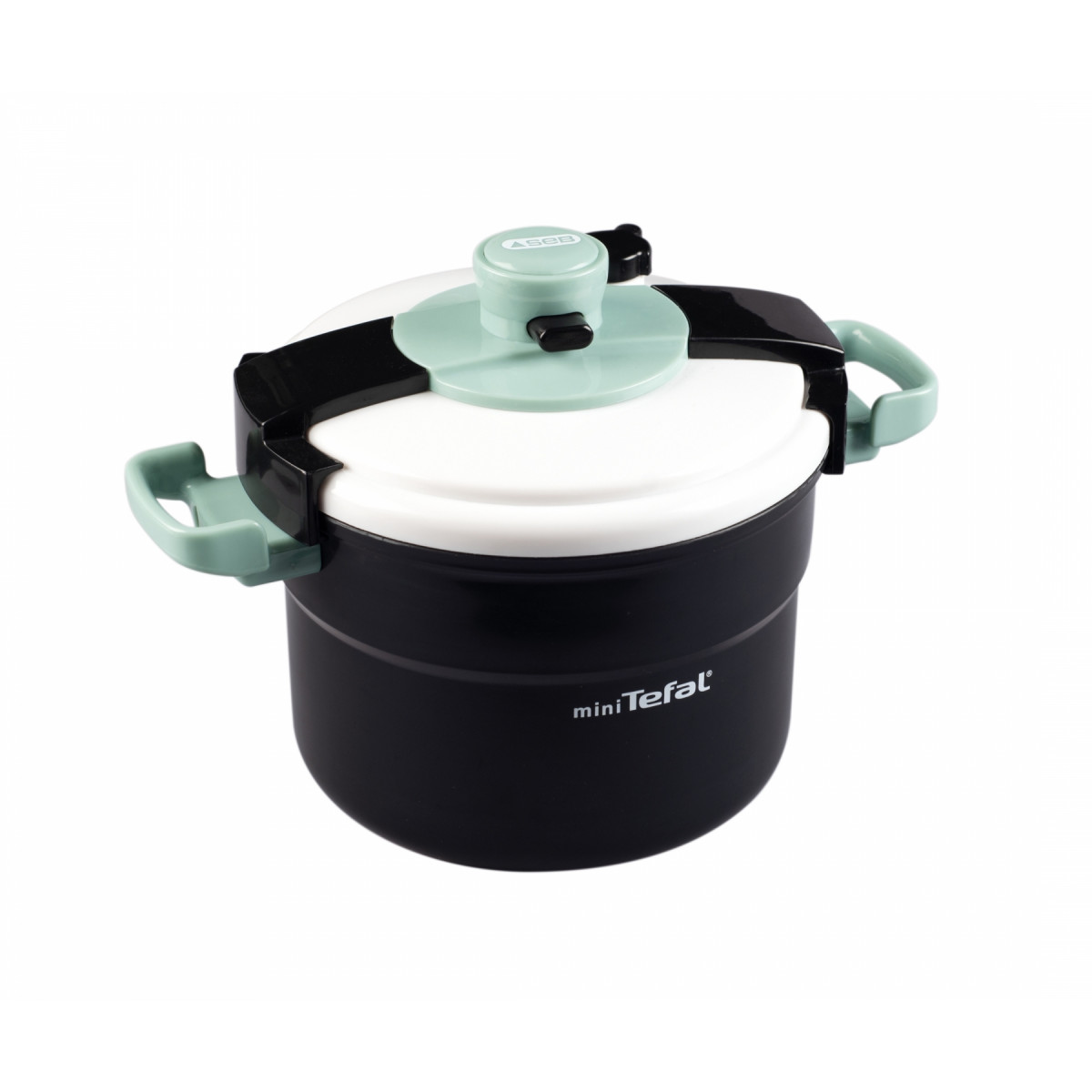 Schwarzer Mini-Tefal-Schnellkochtopf mit mintgrünen Griffen und passendem Deckelverschluss.