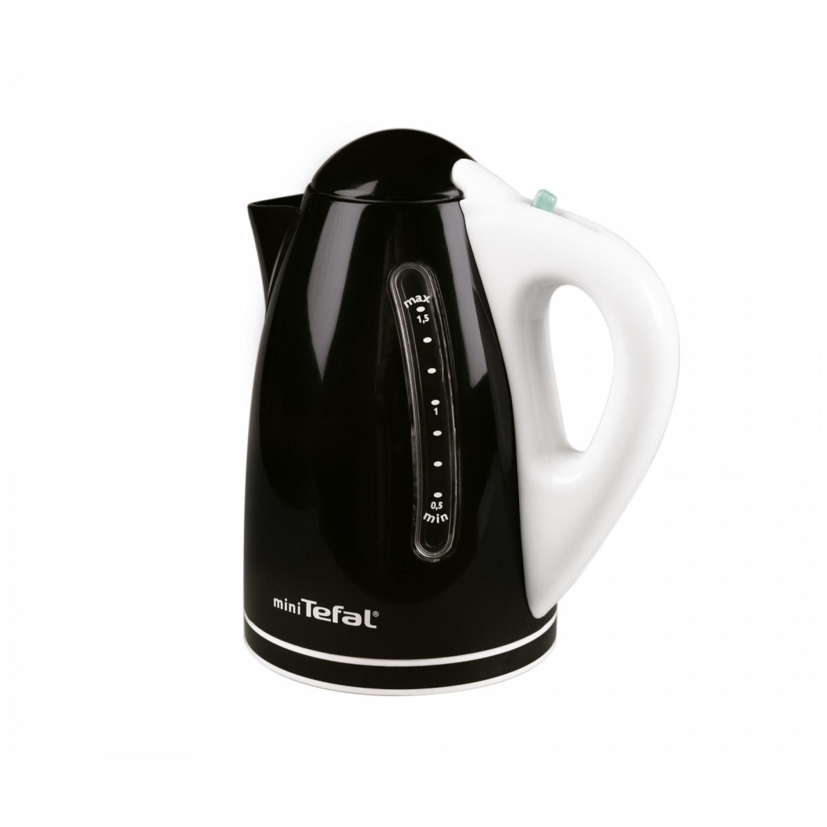 Kompakter Wasserkocher in Schwarz-Weiß mit Wasserstandsanzeige und Griff, am Sockel als Mini Tefal beschriftet. Kompakter Wasserkocher in Schwarz-Weiß mit Wasserstandsanzeige und Griff, am Sockel als Mini Tefal beschriftet.