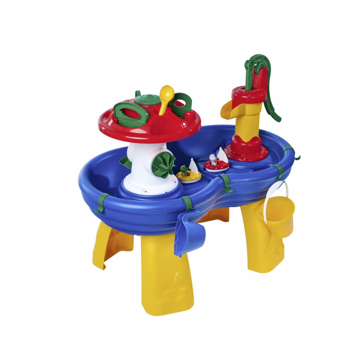 Bunter Wasserspieltisch für Kinder mit gelbem Gestell, blauer Wanne und roten sowie grünen Zubehörteilen.