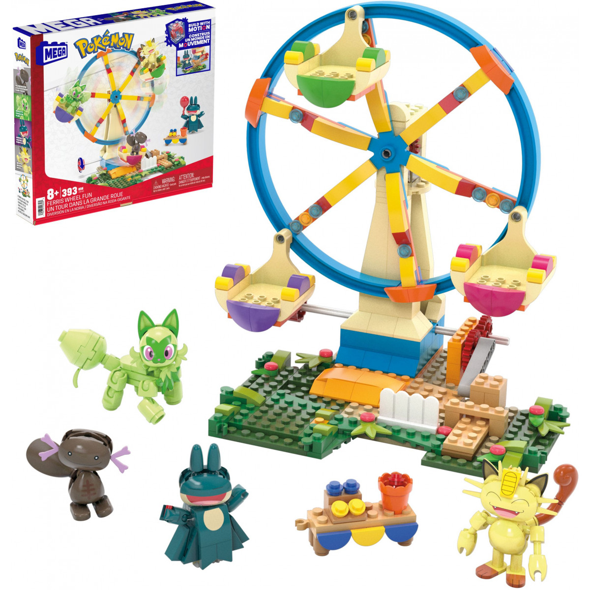 Pokemon-Riesenrad-Bauset mit vier Figuren und Zubehör, abgebildet fertig aufgebaut und in Originalverpackung.