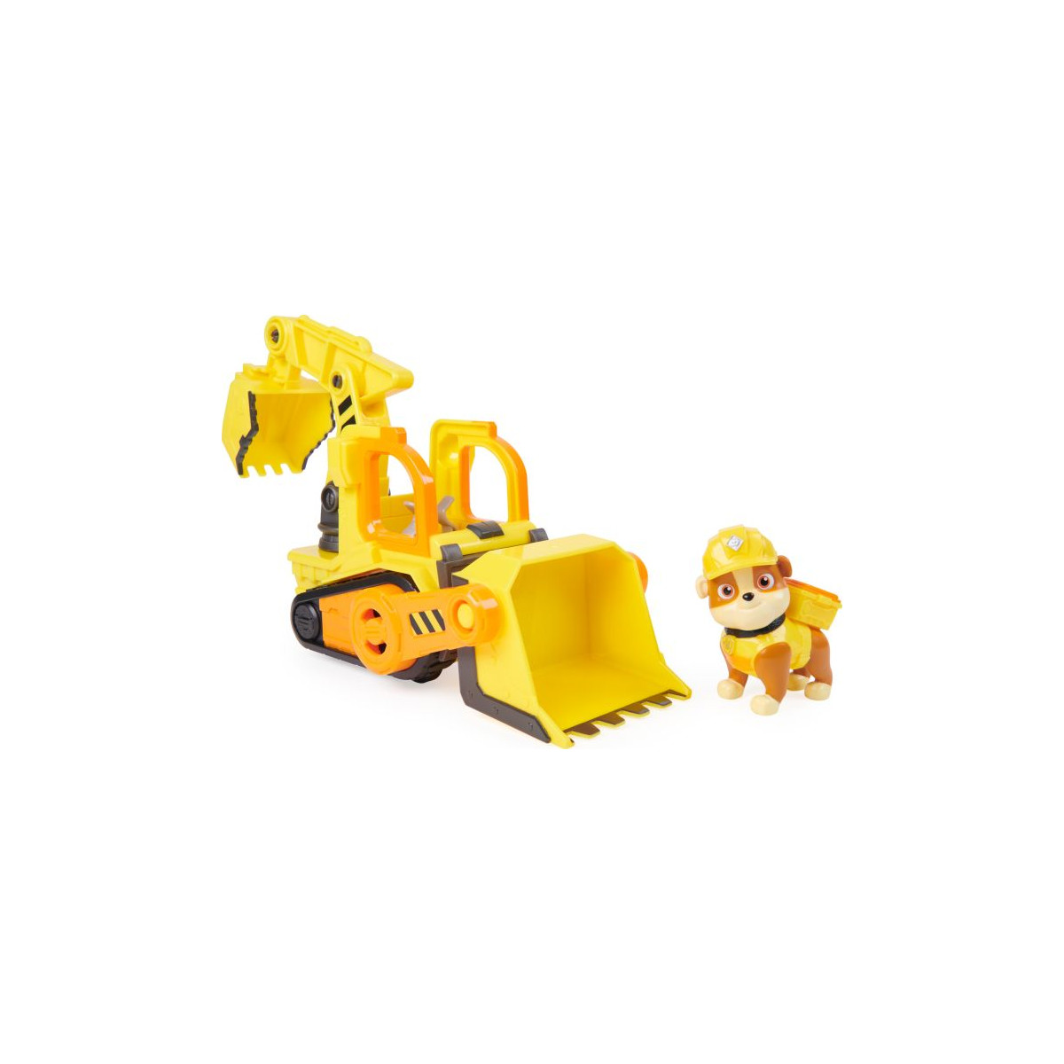 Gelber Spielzeug-Bulldozer mit Hundefigur, der gelbe Bauhelm und Weste trägt.