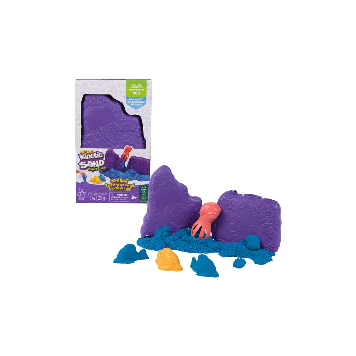 Kinetic Sand Set mit lila und blauem Sand, gelber Form sowie rotem Handwerkzeug in Box und auf Display.