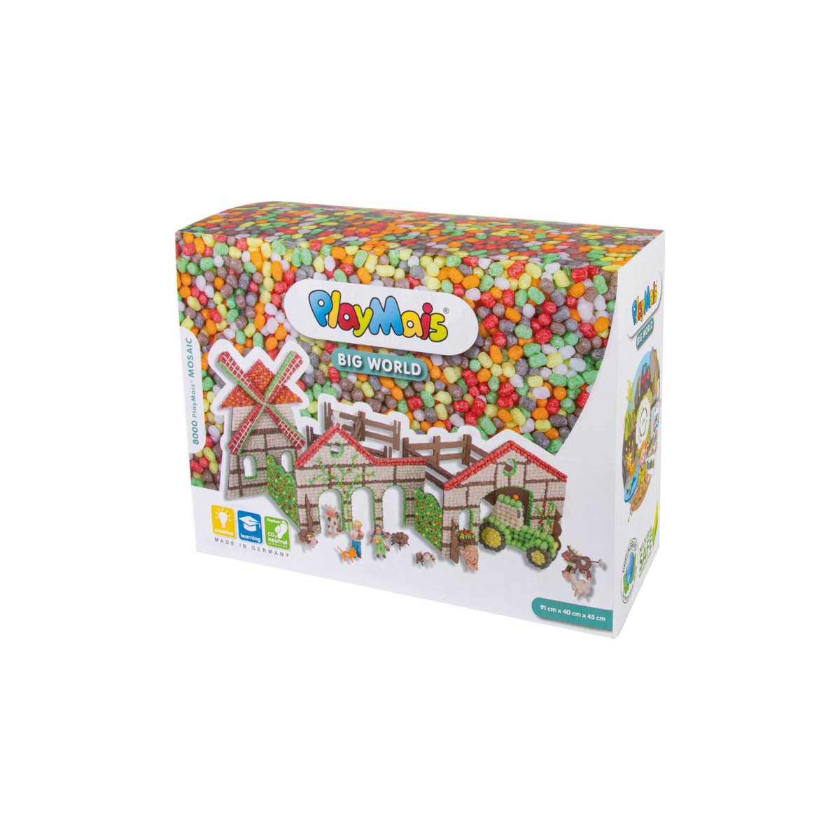 PlayMais Big World Bastelset mit bunten Bausteinen und einer Bauernhofszene auf der Verpackung.