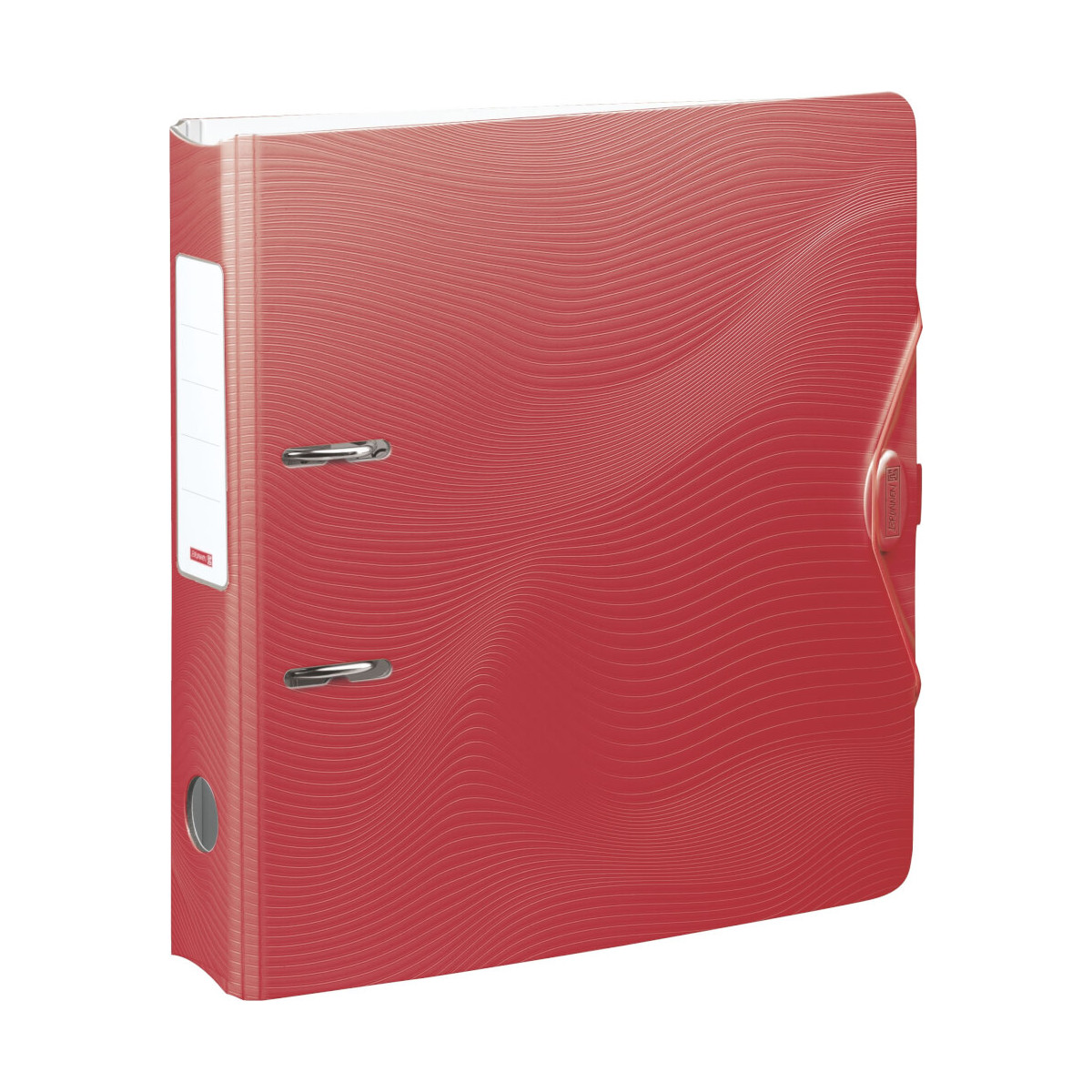 Roter Ordner mit Wellenmuster, Metallringen und Rückenschild.